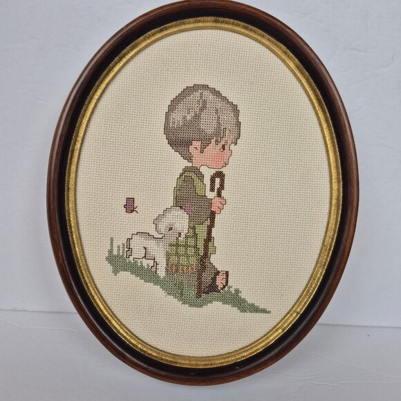 Vintage Framed Petite Cross Stitch Precious Moments Shepherd Boy - Picture 1 of 16